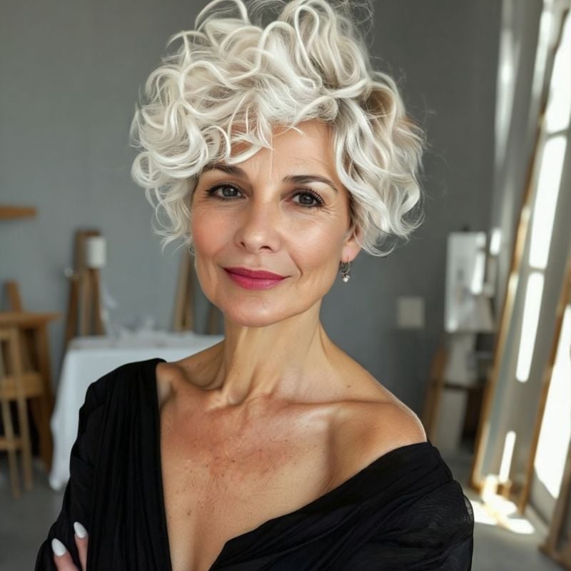 Voluminous Curly Platinum Blonde Pixie — Simple Haircuts for Older Women