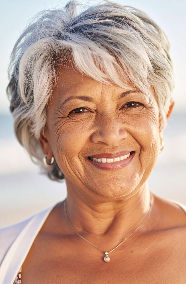 Salt and Pepper Short Layered Cut Ear Length — Simple Haircuts for Older Women