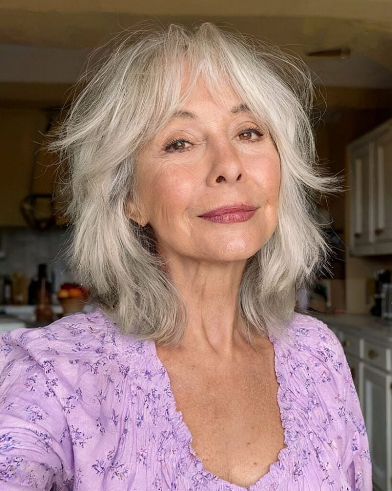 Thick Silver Grey Collarbone Shag With Curtain Bangs — Simple Haircuts for Older Women