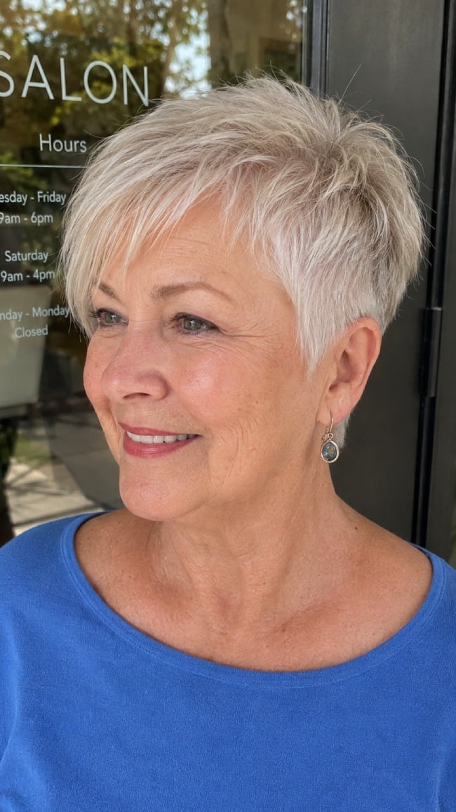 Ash Blonde Textured Pixie With Side Swept Bangs — Simple Haircuts for Older Women