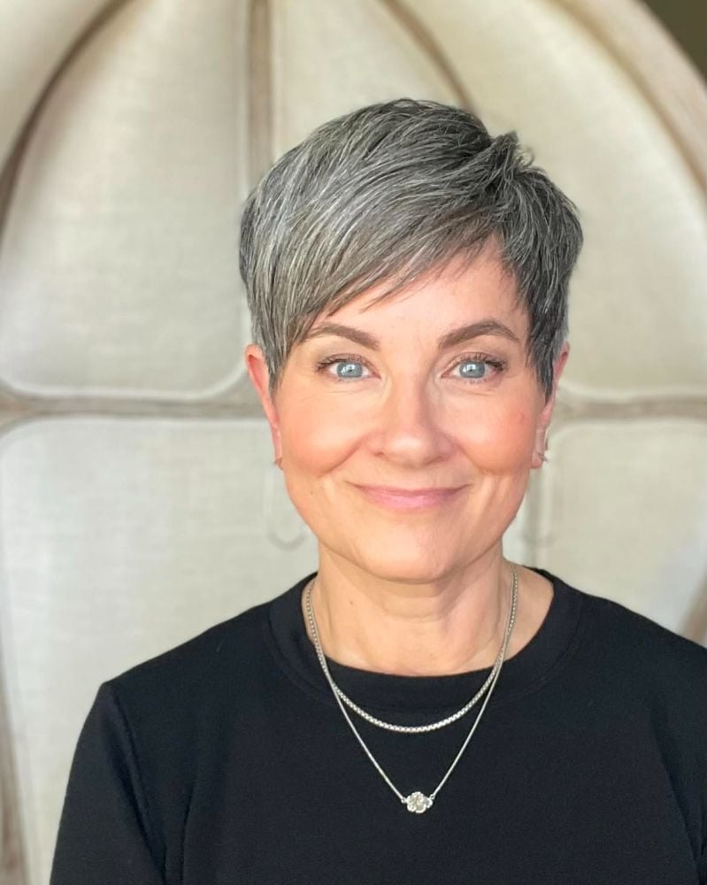 Asymmetrical Grey Pixie With Side Swept Fringe — Simple Haircuts for Older Women