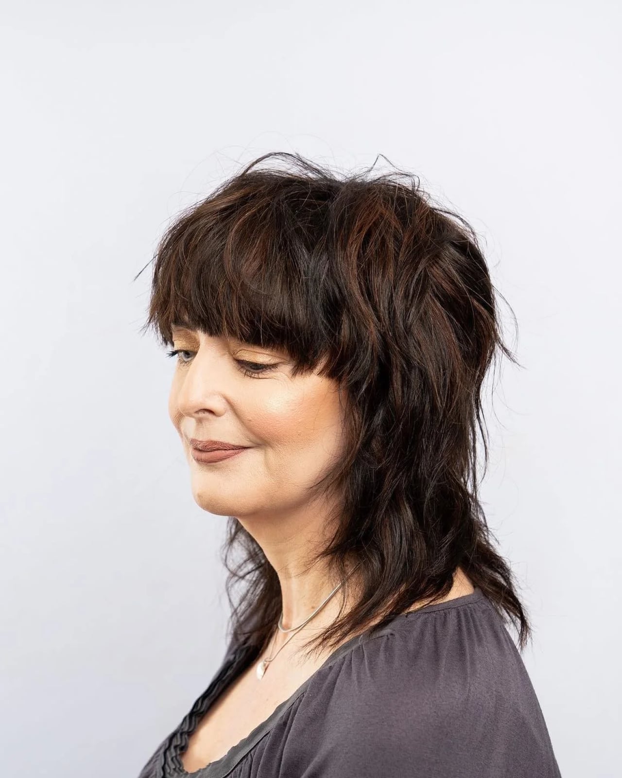 Mid-Back Shag With Blunt Bangs Mid-Back Shag With Blunt Bangs — Simple Haircuts for Thinning Hair