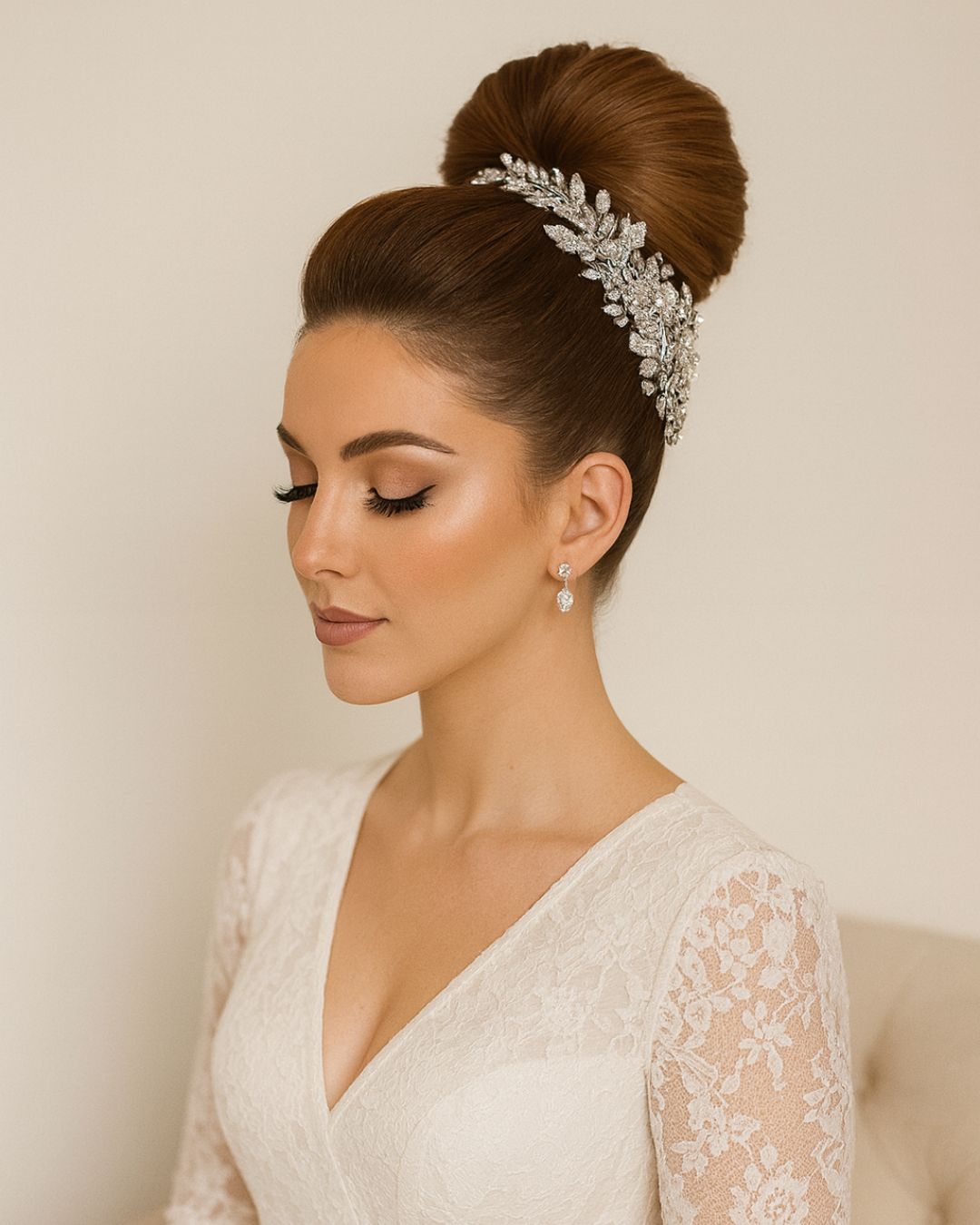 High Smooth Bun With Leaf Headband High Smooth Bun With Leaf Headband — Simple Hairstyles for Wedding