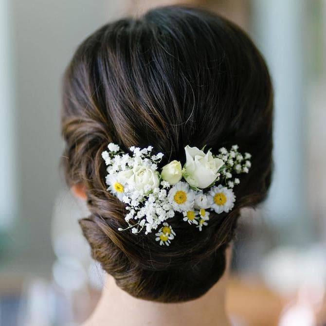 Dark Brown Twisted Updo With Flowers Dark Brown Twisted Updo With Flowers — Simple Hairstyles for Wedding