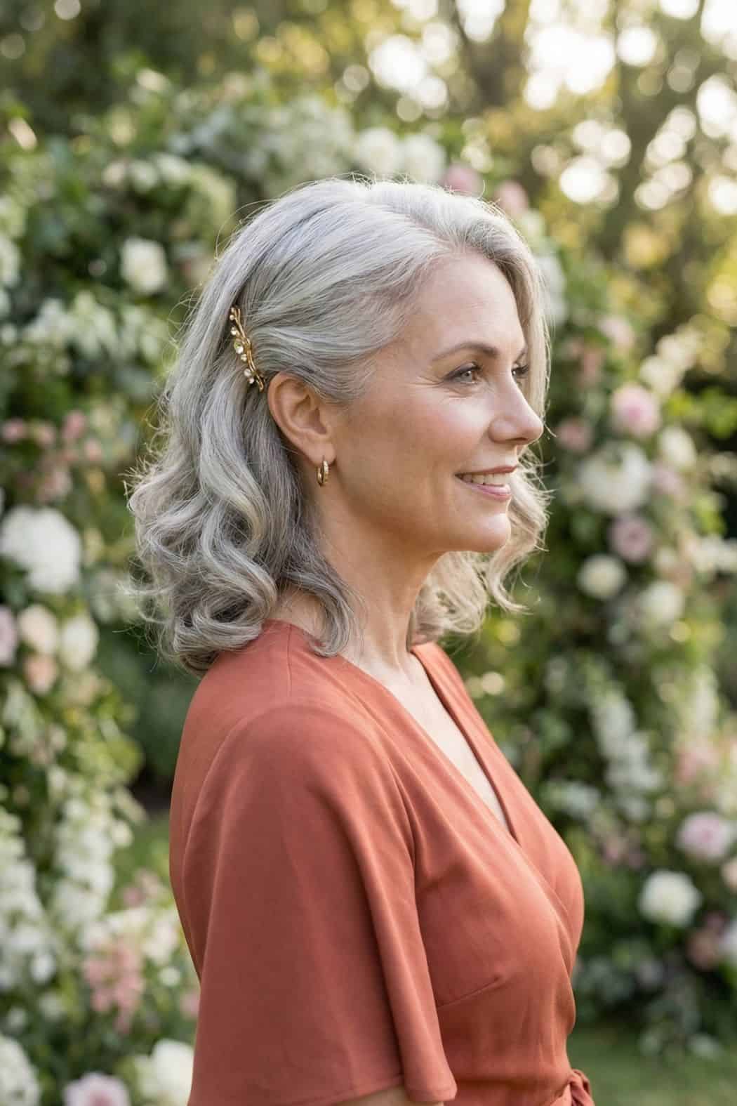 Silver Grey Lob With Side-Swept Bangs Silver Grey Lob With Side-Swept Bangs — Simple Hairstyles for Wedding