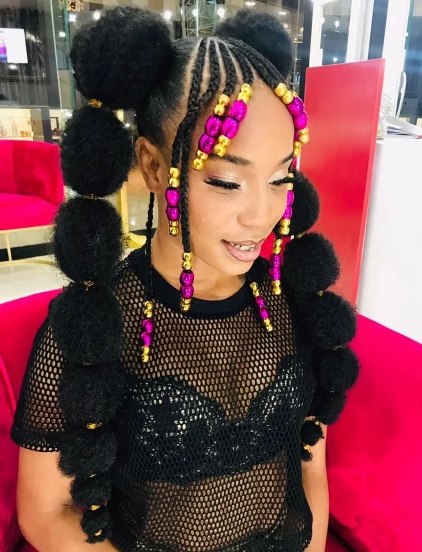 Shoulder Length Braids and Puffs with Pink and Gold Beads — Simple Hairstyles with Beads