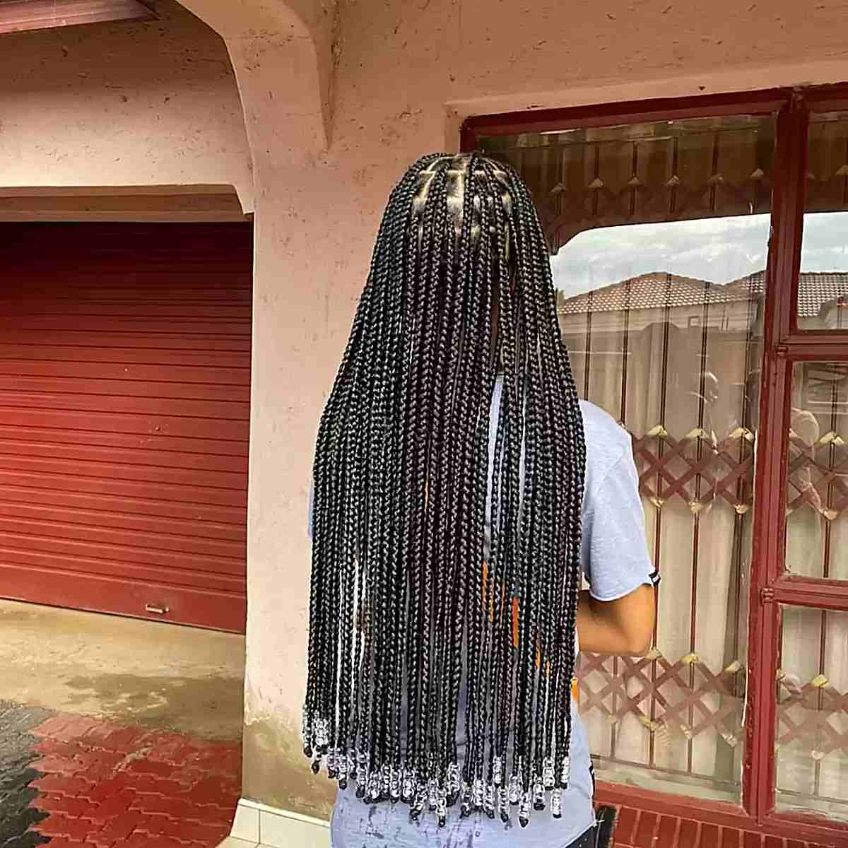 Uniform Mid-Back Knotless Braids with Silver Beads, Close-Up Take — Simple Hairstyles with Beads