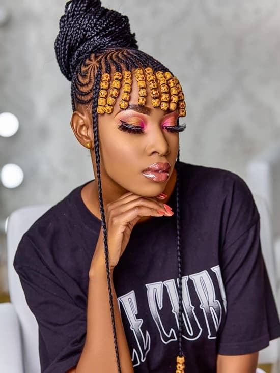 Braided Updo with Hanging Braids and Yellow Beads — Simple Hairstyles with Beads
