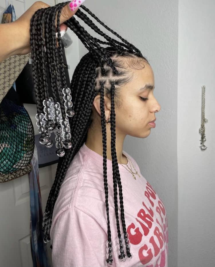 Thick Straight Black Box Braids with Cylindrical Beads — Simple Hairstyles with Beads