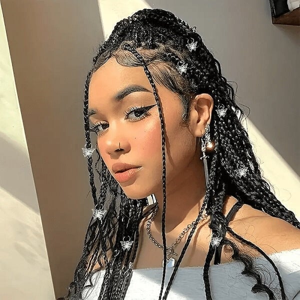 Shoulder Length Box Braids with Butterfly Beads — Simple Hairstyles with Beads