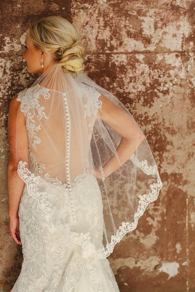 Textured Low Updo With Lace Trim Veil — Simple Hairstyles with Veil