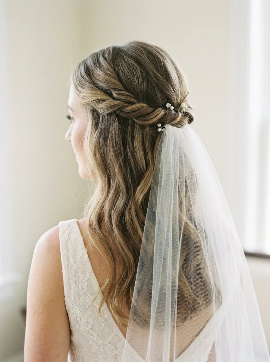 Updo With Loose Braid And Face Framing Waves — Simple Hairstyles with Veil