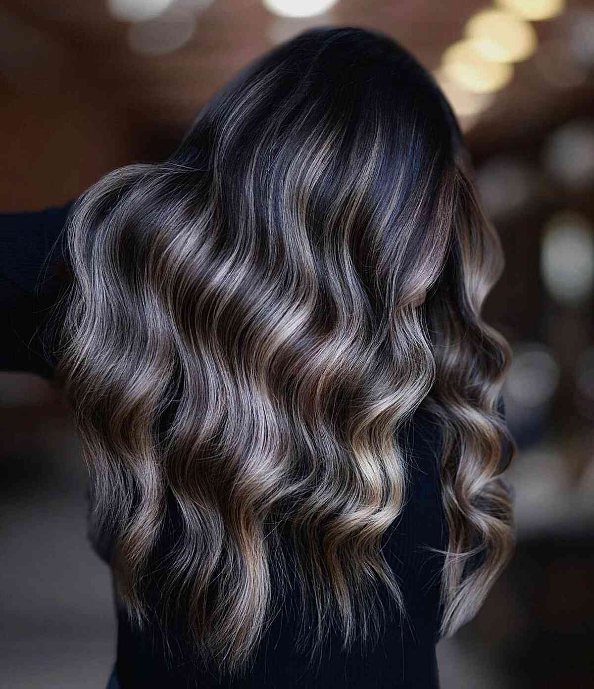 Back View Mid-Back Dark Brown With Ash Blonde, Bolder Variation — Simple Highlights