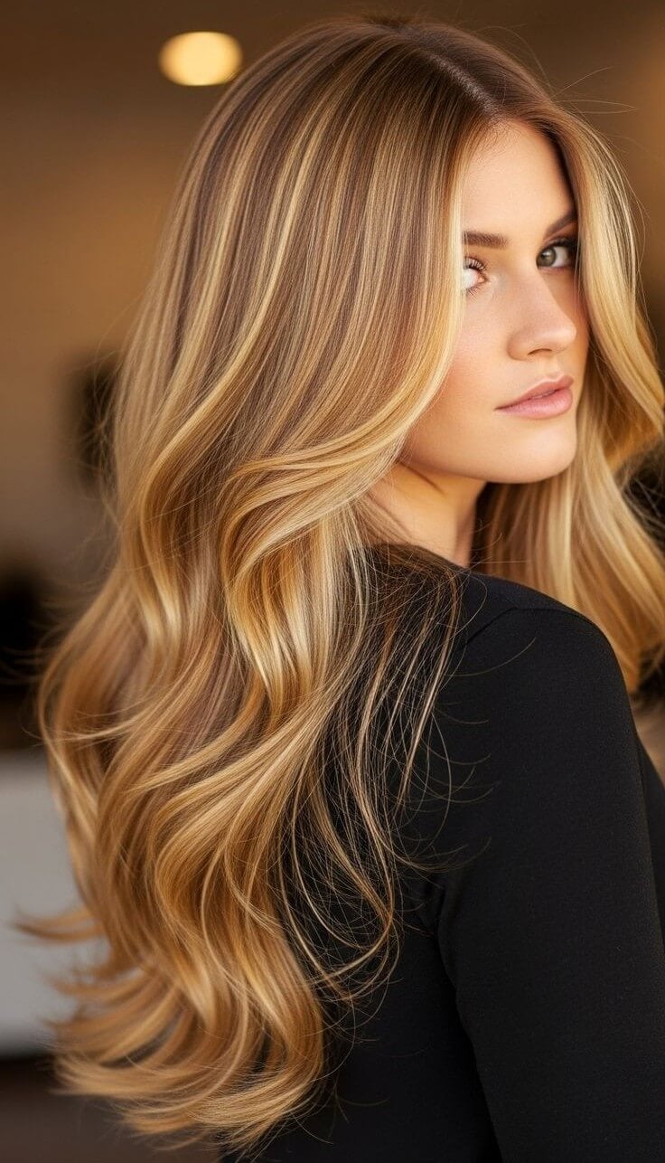 Mid-Back Light Brown With Honey Blonde Highlights, Close-Up Take — Simple Highlights
