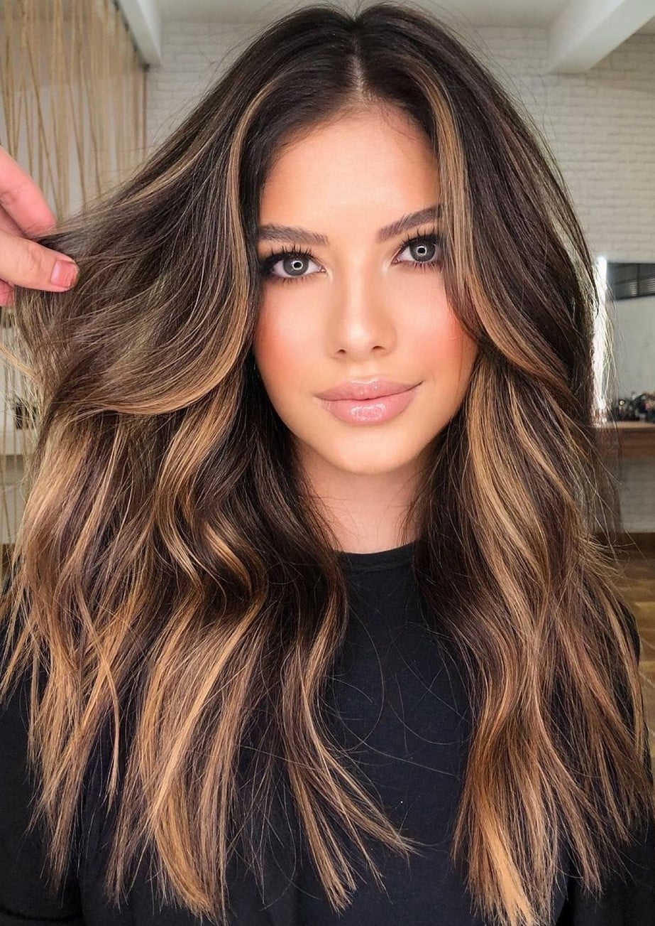 Mid-Back Dark Brown With Caramel Face-Framing Highlights — Simple Highlights