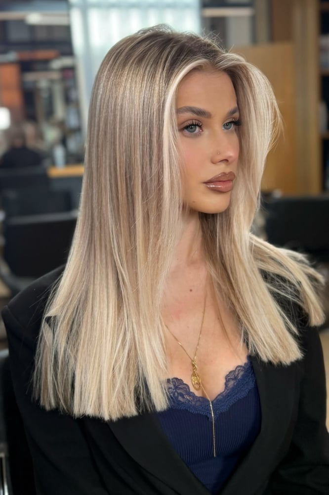 Collarbone Blonde With Curtain Bangs Collarbone Blonde With Curtain Bangs — Simple Highlights on Blonde