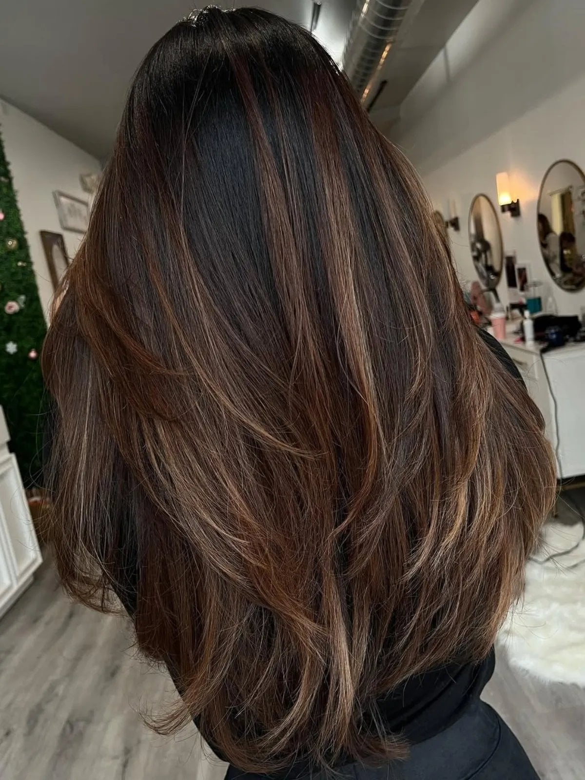 Mid-Back Dark Brown With Blended Blonde and Caramel Highlights — Simple Highlights on Dark Hair