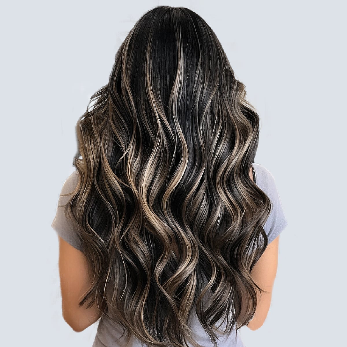 Mid-Back Black With Blonde and Caramel Highlights — Simple Highlights on Dark Hair