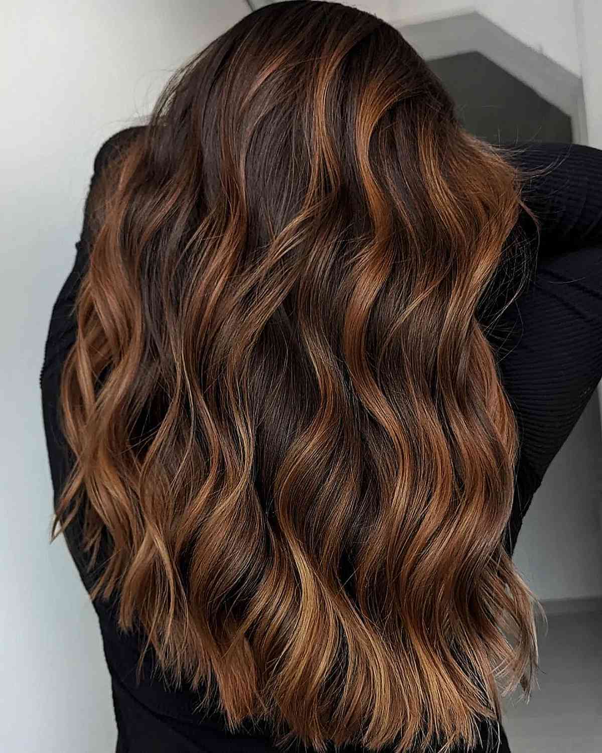 Mid-Back Dark Brown With Caramel and Copper Highlights — Simple Highlights on Dark Hair