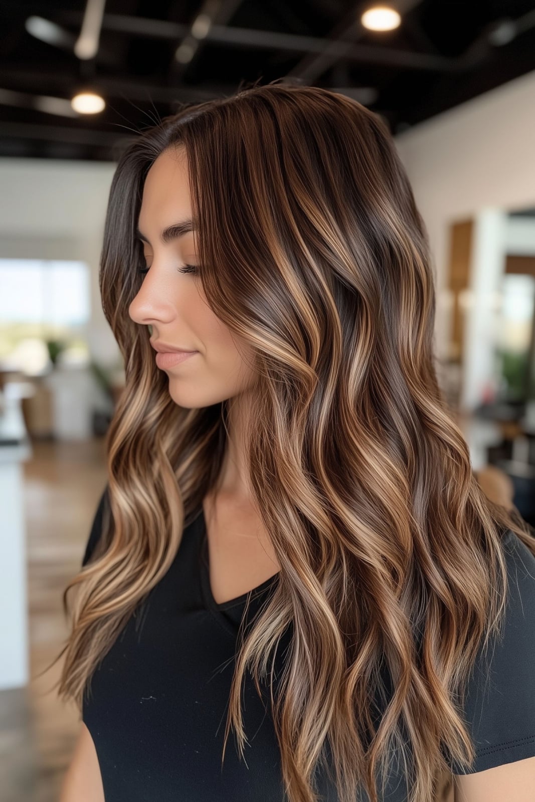 Mid-Back Dark Brown With Finely Woven Blonde Highlights — Simple Highlights on Dark Hair