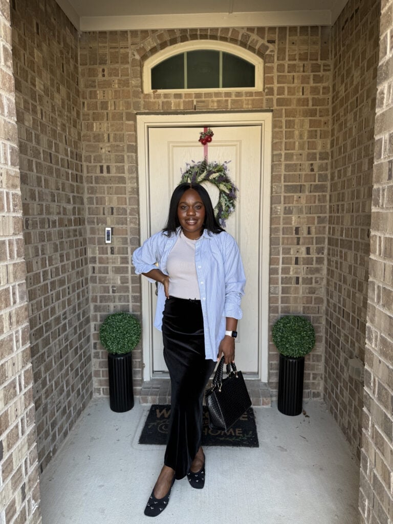 Beige Tank with Striped Shirt and Velvet Pants Beige Tank with Striped Shirt and Velvet Pants — Simple House Outfit Ideas
