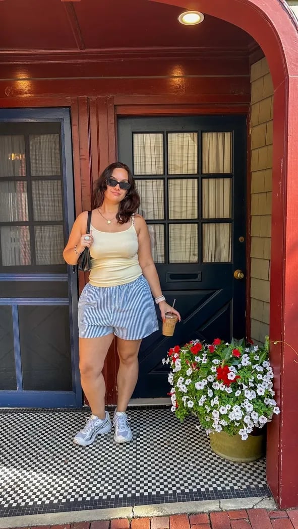 Yellow Tank Top with Striped Boxer Shorts and Sneakers Yellow Tank Top with Striped Boxer Shorts and Sneakers — Simple House Outfit Ideas