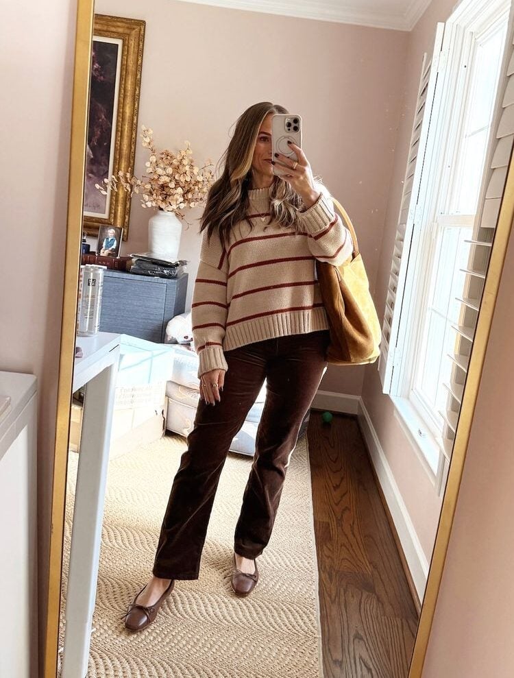 Neutral Striped Sweater with Brown Corduroy Trousers Neutral Striped Sweater with Brown Corduroy Trousers — Simple House Outfit Ideas