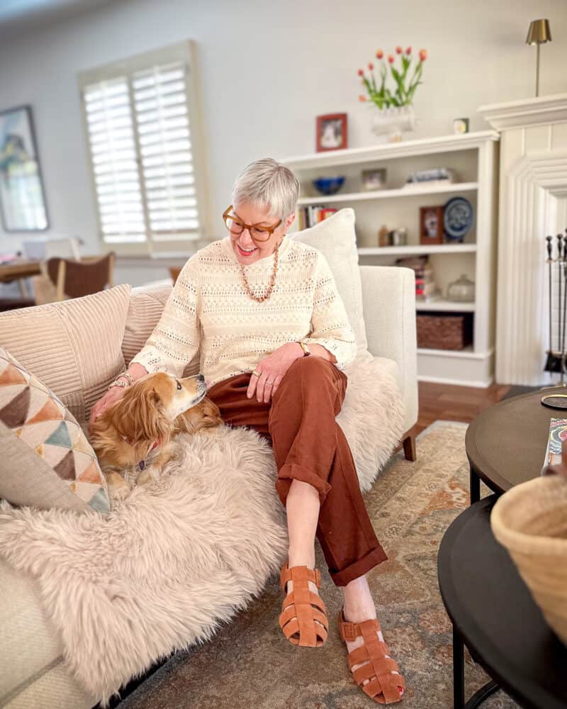 Textured Cream Sweater with Rust Trousers Textured Cream Sweater with Rust Trousers — Simple House Outfit Ideas