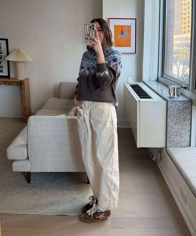 Fair Isle Sweater and Cream Wide-Leg Trousers Fair Isle Sweater and Cream Wide-Leg Trousers — Simple House Outfit Ideas