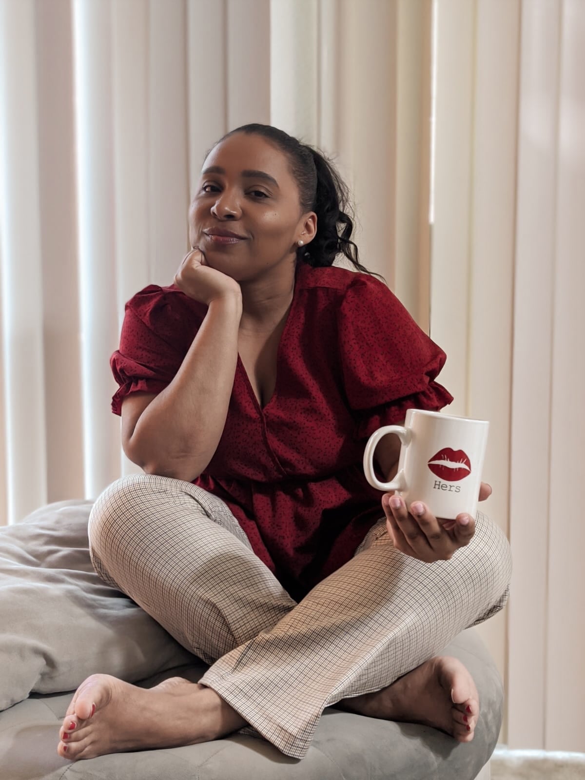 Printed Red Blouse with Beige Plaid Trousers Printed Red Blouse with Beige Plaid Trousers — Simple House Outfit Ideas