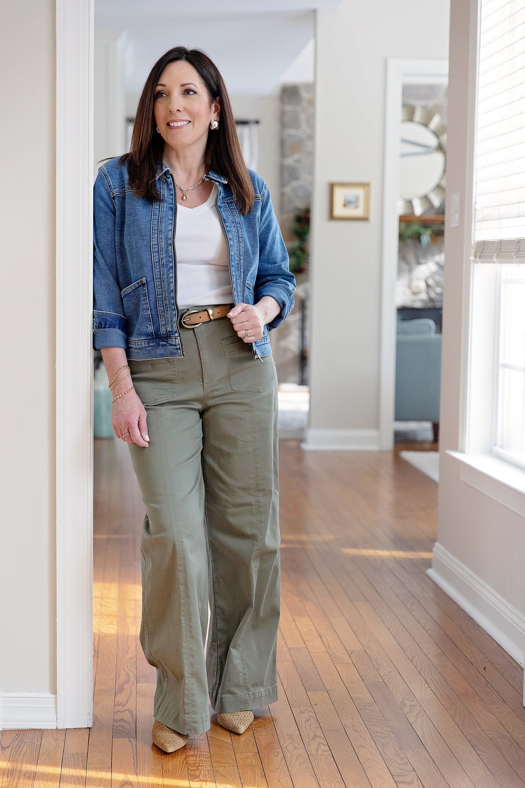 Denim Jacket Layered Over White Tee with Olive Pants Denim Jacket Layered Over White Tee with Olive Pants — Simple House Outfit Ideas