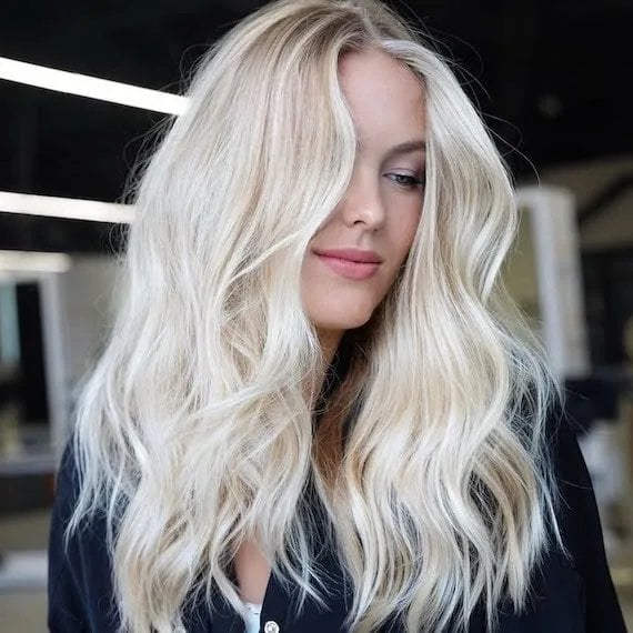 Mid-Back Icy Blonde With Curtain Bangs Mid-Back Icy Blonde With Curtain Bangs — Simple Icy Blonde