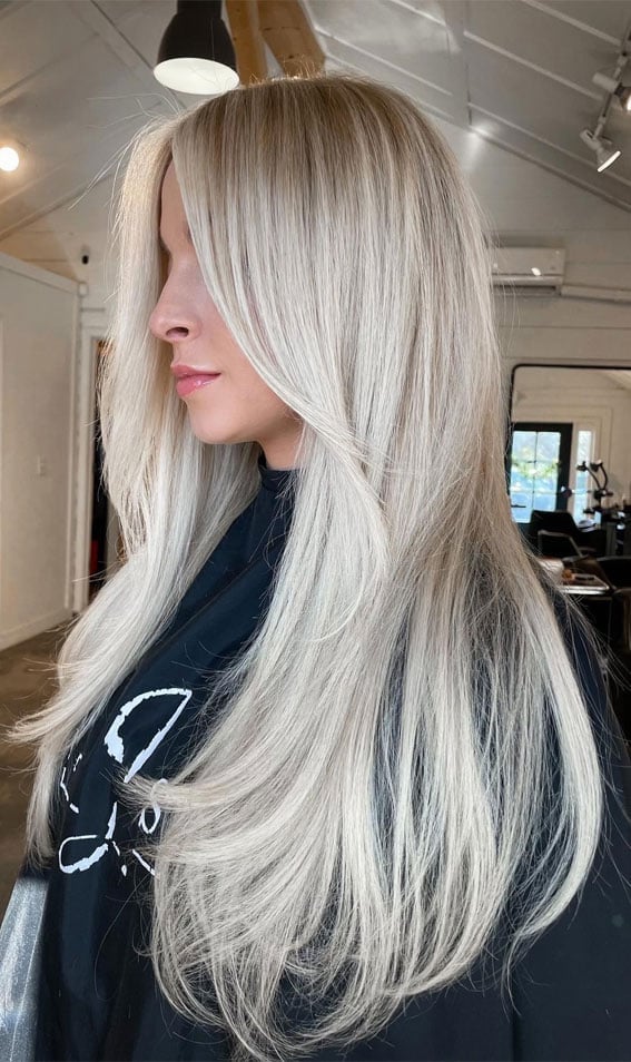 Mid-Back Icy Blonde With Root Shadow, Face-Framing Mid-Back Icy Blonde With Root Shadow, Face-Framing — Simple Icy Blonde
