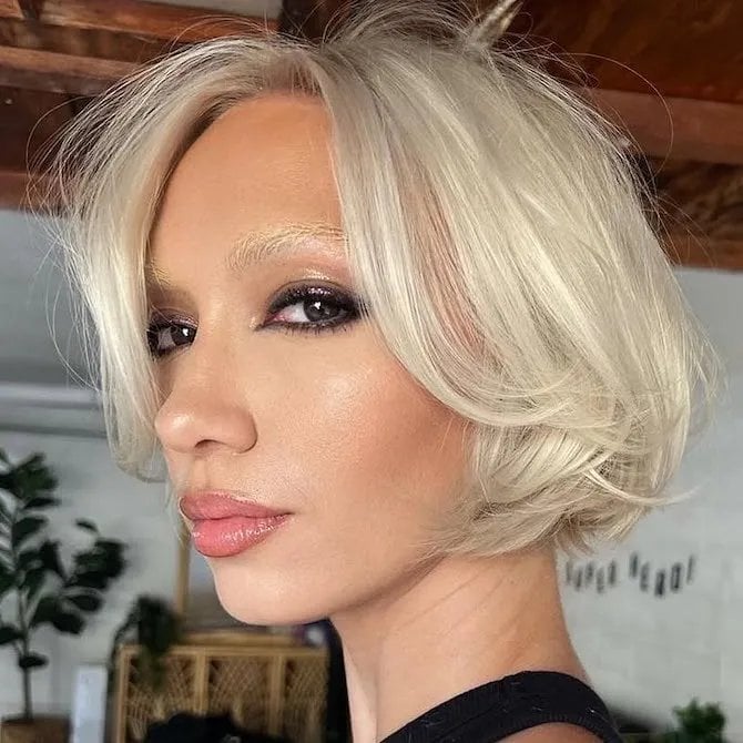 Chin Length Platinum Icy Blonde Bob With Short Choppy Bangs Chin Length Platinum Icy Blonde Bob With Short Choppy Bangs — Simple Icy Blonde