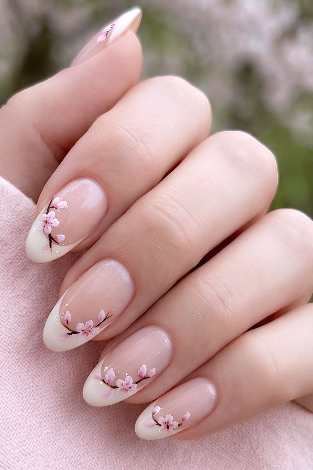 Creamy White French Almond Nails with Cherry Blossoms Creamy White French Almond Nails with Cherry Blossoms — Simple Japan Nails