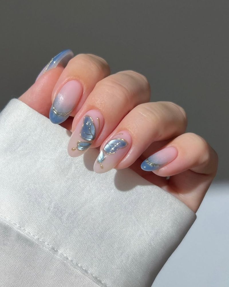 Medium Almond Pink Blue Gradient Nails with 3D Butterfly Medium Almond Pink Blue Gradient Nails with 3D Butterfly — Simple Japan Nails