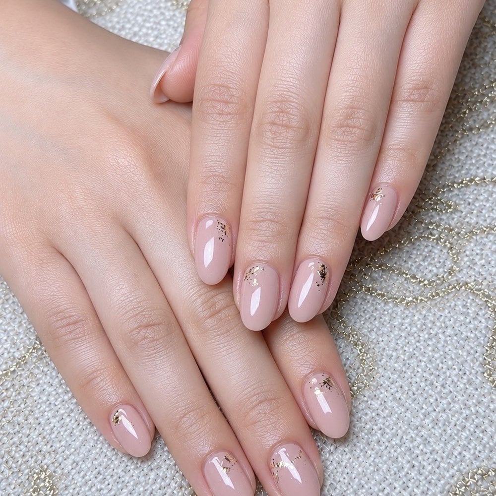 Short Oval Light Pink Nails with Gold Foil Flakes Short Oval Light Pink Nails with Gold Foil Flakes — Simple Japan Nails