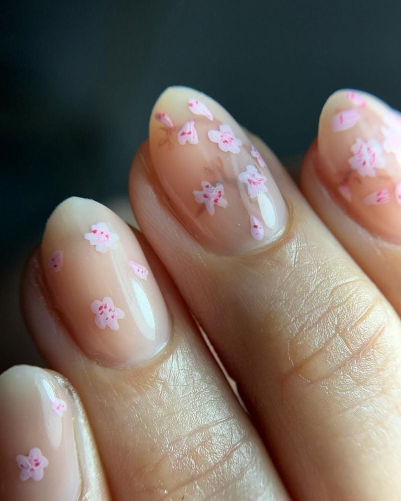 Short Almond Sheer Nude Nails with Pink Cherry, Everyday Version Short Almond Sheer Nude Nails with Pink Cherry, Everyday Version — Simple Japan Nails