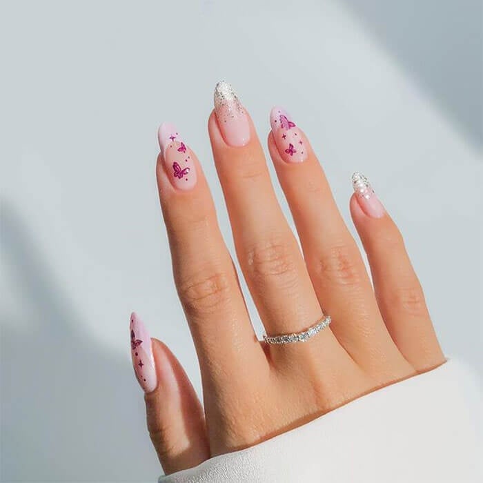 Short Almond Sheer Pale Pink Nails with Butterfly Decals Short Almond Sheer Pale Pink Nails with Butterfly Decals — Simple Japan Nails