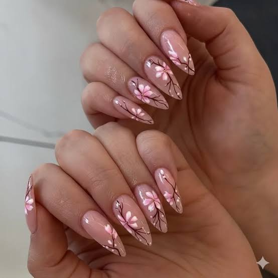 Long Stiletto Nude Nails with Pink Cherry Blossoms and Black Branches Long Stiletto Nude Nails with Pink Cherry Blossoms and Black Branches — Simple Japan Nails