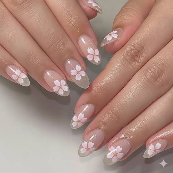 Sheer Nude Medium Almond Nails with Cherry Blossoms, Close-Up Take Sheer Nude Medium Almond Nails with Cherry Blossoms, Close-Up Take — Simple Japan Nails