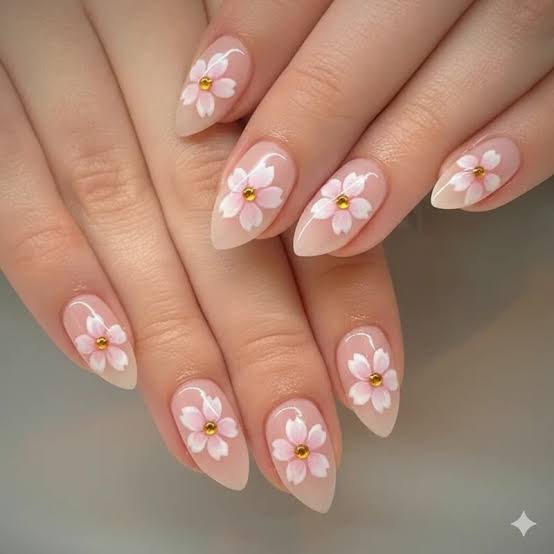 Medium-Long Almond Sheer Pink Nails with Cherry Blossoms, Glossy Medium-Long Almond Sheer Pink Nails with Cherry Blossoms, Glossy — Simple Japan Nails
