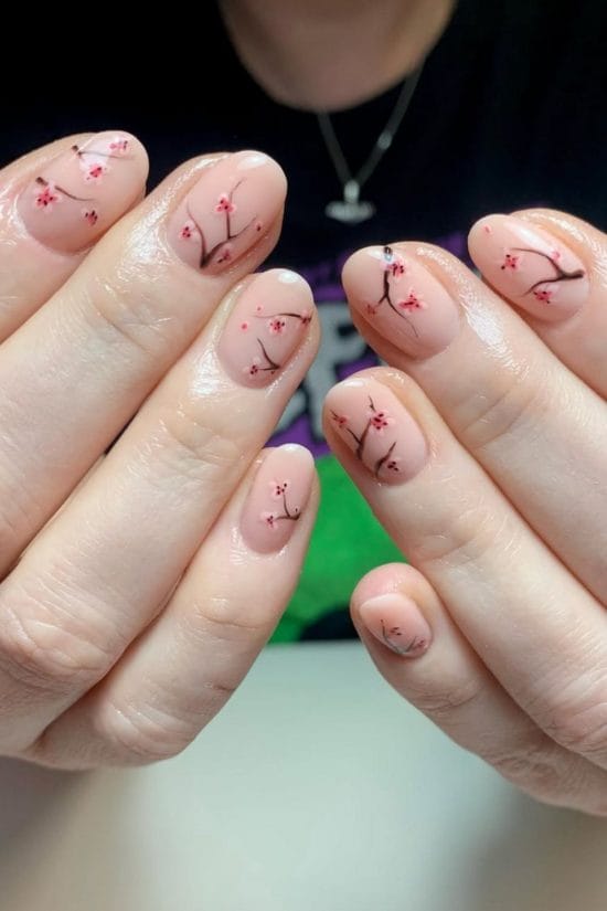 Short Oval Nude Pink Nails with Minimalist Cherry Blossoms Short Oval Nude Pink Nails with Minimalist Cherry Blossoms — Simple Japan Nails