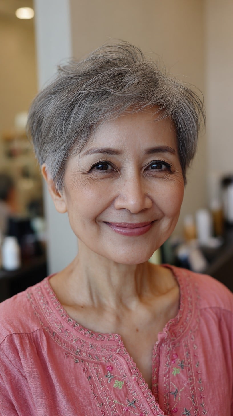 Textured Grey Pixie Cut With Bangs — Simple Japanese Hair