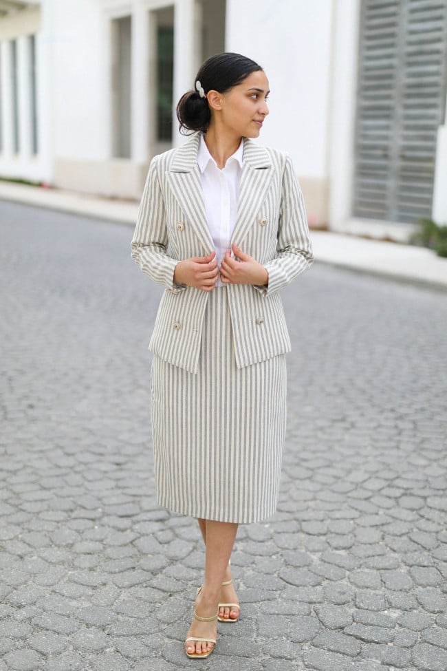 Striped Suit with White Shirt and Gold Sandals Striped Suit with White Shirt and Gold Sandals — Simple Job Interview Outfits