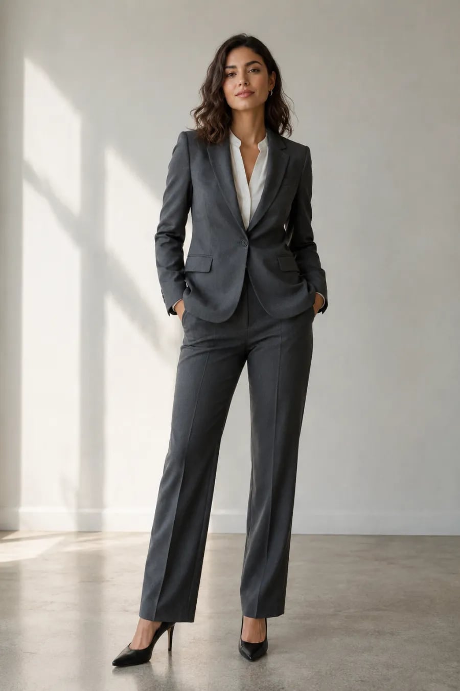 Grey Suit with White Shirt and Black Heels Grey Suit with White Shirt and Black Heels — Simple Job Interview Outfits