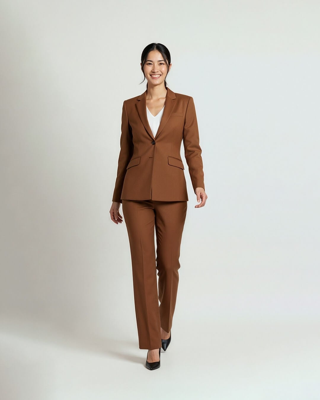 Warm Brown Suit with White Crew-Neck Top Warm Brown Suit with White Crew-Neck Top — Simple Job Interview Outfits