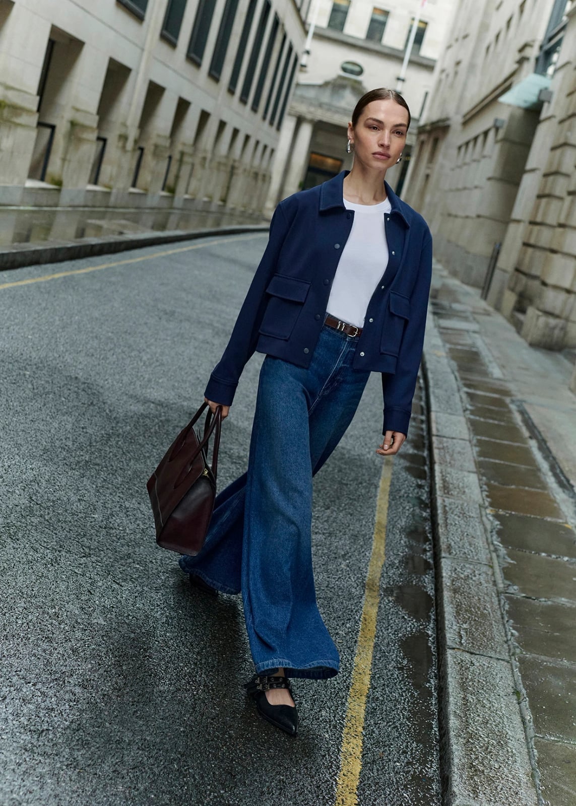 Navy Cropped Jacket with Wide-Leg Jeans Navy Cropped Jacket with Wide-Leg Jeans — Simple Job Interview Outfits