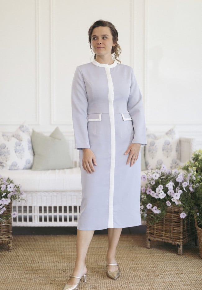 Light Blue Coat Dress with White Trim Light Blue Coat Dress with White Trim — Simple Job Interview Outfits