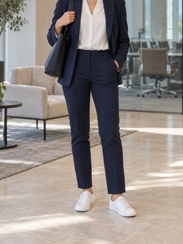 Navy Blazer with White Blouse and Sneakers and Straight Leg Trousers Navy Blazer with White Blouse and Sneakers and Straight Leg Trousers — Simple Job Interview Outfits